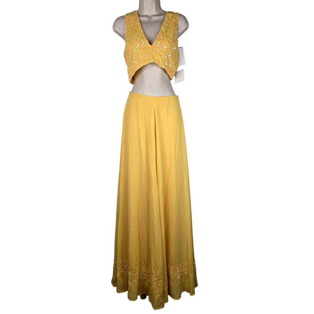 Maya Deluxe 2 Piece Skirt Set Womens 6 Yellow Sequin Crop Top Maxi Wedding Prom